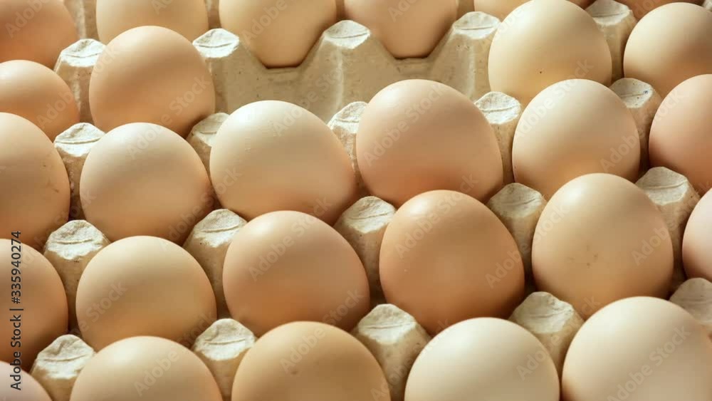 hand puts whole fresh chicken eggs in a paper tray, close up hand puts whole fresh chicken eggs in a paper tray, close up