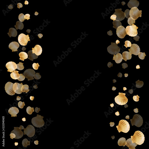 Gold seashells vector, golden pearl bivalved mollusks.