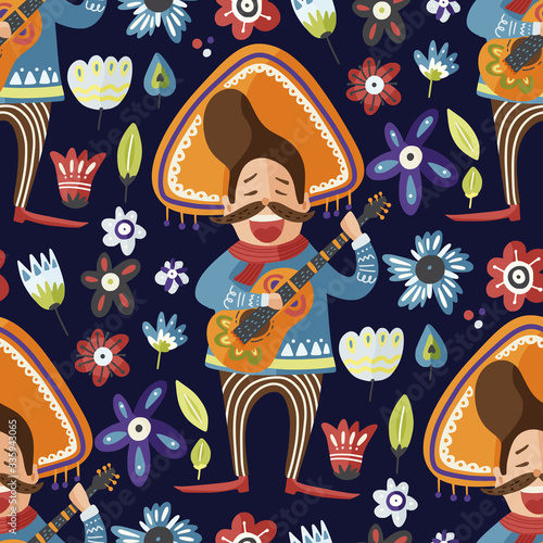 Mexican man cartoon flat character in sombrero with the guitar. Seamless vector pattern. Mexico senior traditional illustration party music colorful background.