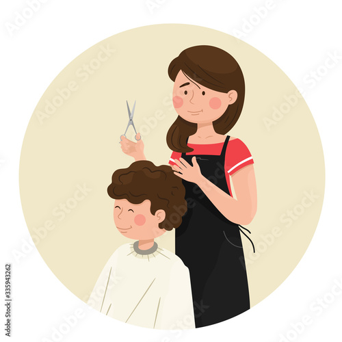 Girl hairdresser cuts a young man. Vector illustration in cartoon flat style.