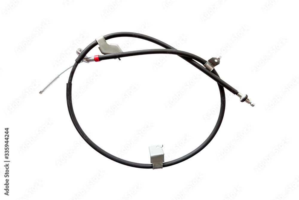 Steel rope twisted in black vinyl casing rear hand brake cable, car spare part isolated on white background. Steel rope twisted in black vinyl casing rear hand brake cable, car spare part isolated on white background.