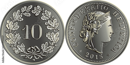 10 centimes coin Swiss franc, 10 in wreath of oak leaves on reverse, head of Liberty on obverse, official coin in Switzerland