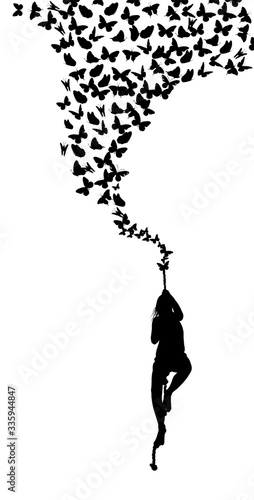 Silhouette girl climbs up the rope. A lot of flying butterflies. Vector illustration