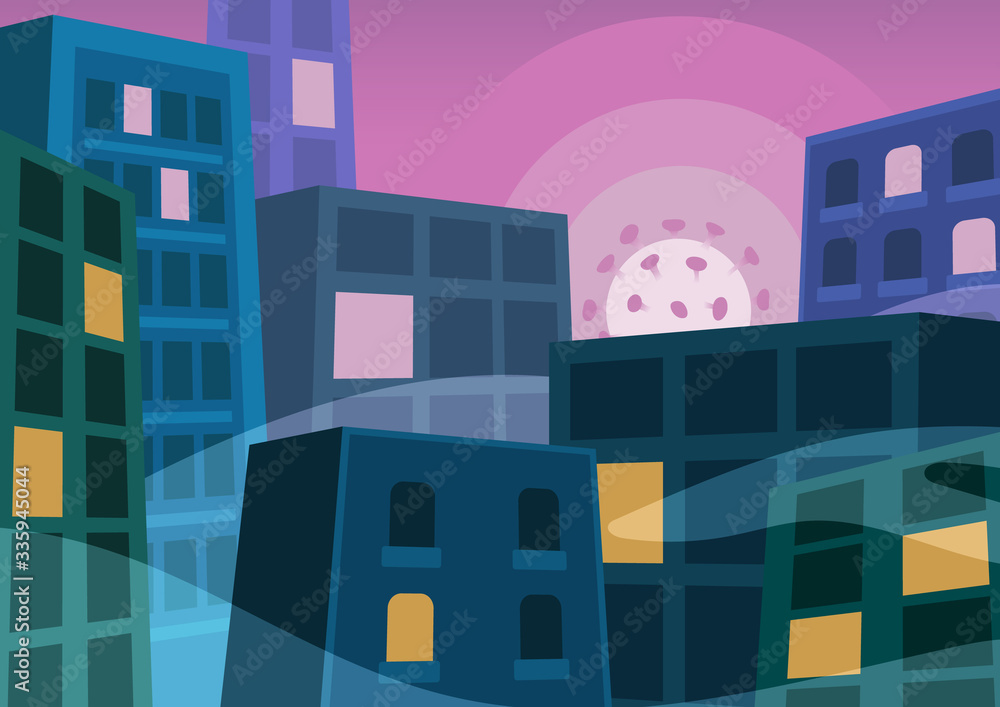 Fototapeta premium Sunrise with coronavirus instead of sun behind the buildings. Funny illustration. 