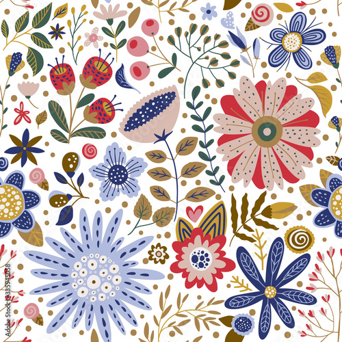 Seamless vector floral colorful pattern. Ornate flower spring and summer botanical art in a modern flat style. Romantic garden color illustration on a white background.