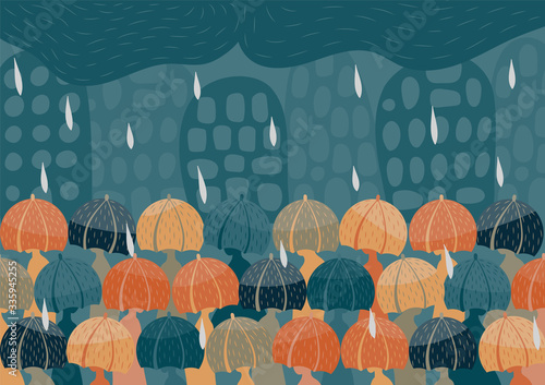 People with colourful umbrellas in the rainy city with buildings on the background