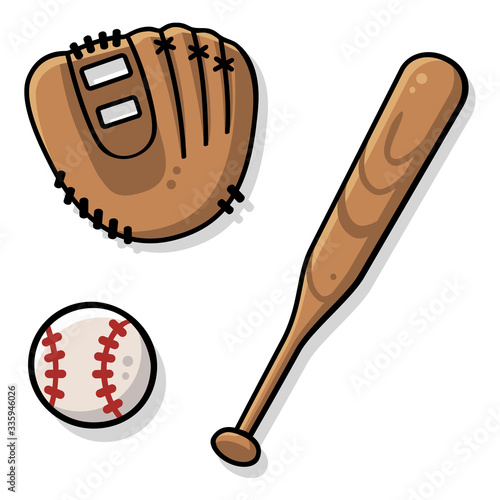 Vector drawing of cute baseball equipment with flat colors and shadows. Includes a brown mitt, a big ball and a wooden bat.