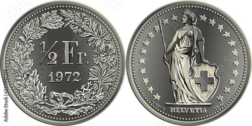 50 centimes or one half Swiss franc coin, reverse one half Fr in wreath of oak leaves and gentian, obverse Helvetia and stars, coin in Switzerland