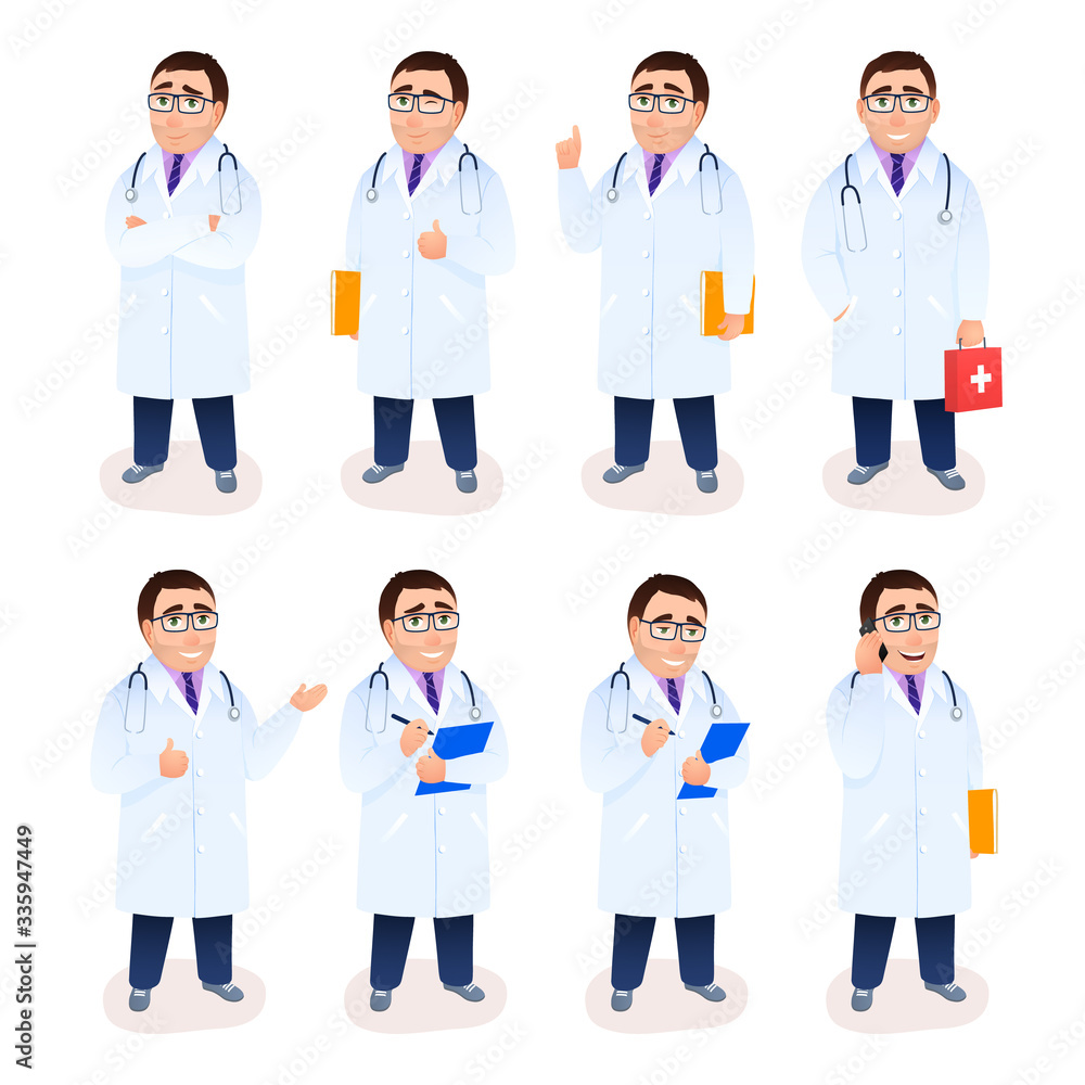 Flat doctor male character set on white background. Young Caucasian physician in white coat. Cartoon design people. Face emotions poses gestures facial expressions. Medical concept vector illustration Flat doctor male character set on white background. Young Caucasian physician in white coat. Cartoon design people. Face emotions poses gestures facial expressions. Medical concept vector illustration