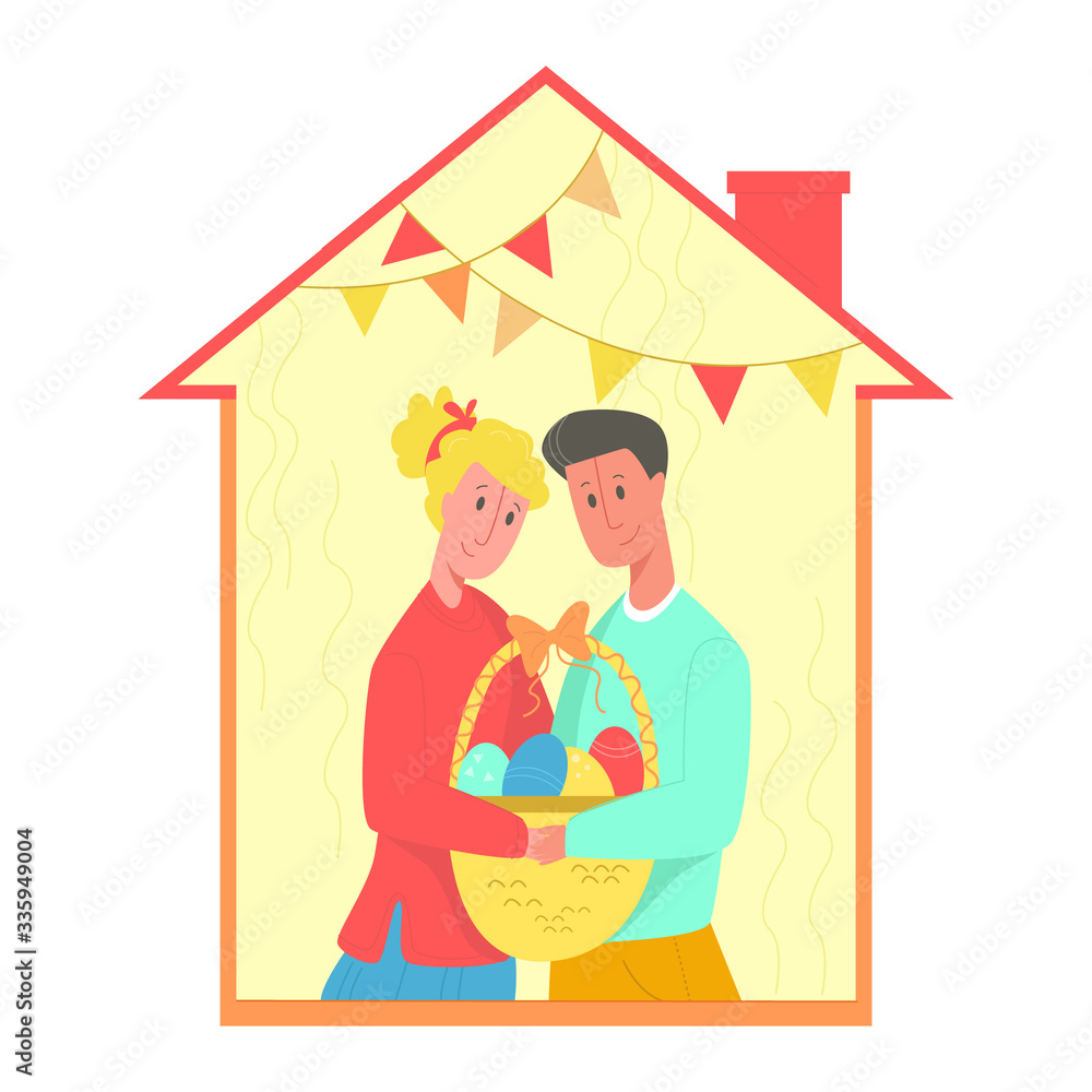 Vector flat illustration Easter celebration of married couple who love each other. They are forced to stay at home due to quarantine or normal celebration. You can use it in postcards, web design, etc