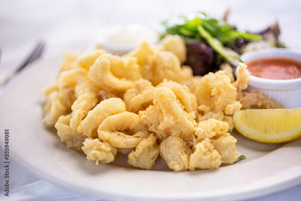 A closeup view of a plate of calamari fritti, in a restaurant or kitchen setting. A closeup view of a plate of calamari fritti, in a restaurant or kitchen setting.