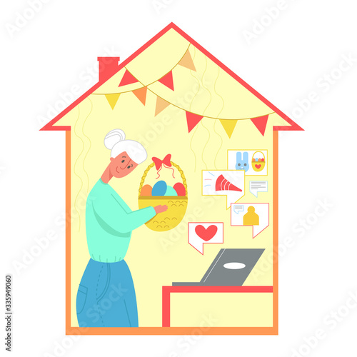 Elderly woman is celebrating Easter by staying at home forced due to quarantine or normal. She receives congratulations from loved ones online via laptop that is shown in form abstract messages.