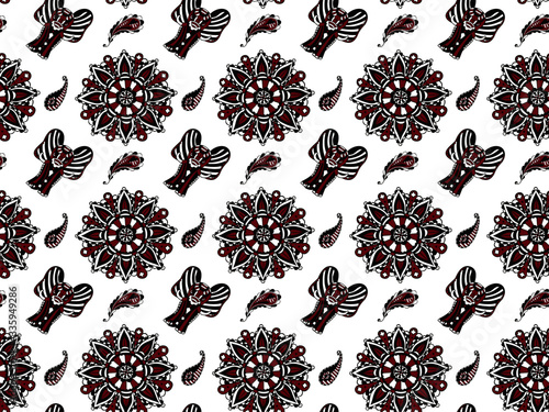 Seamless indian pattern of elephants, mandalas and paisley with flowers and stripes inside hand-drawn in zentangle style in ruby red and black colors on white background. For textile, fabric. Vector.