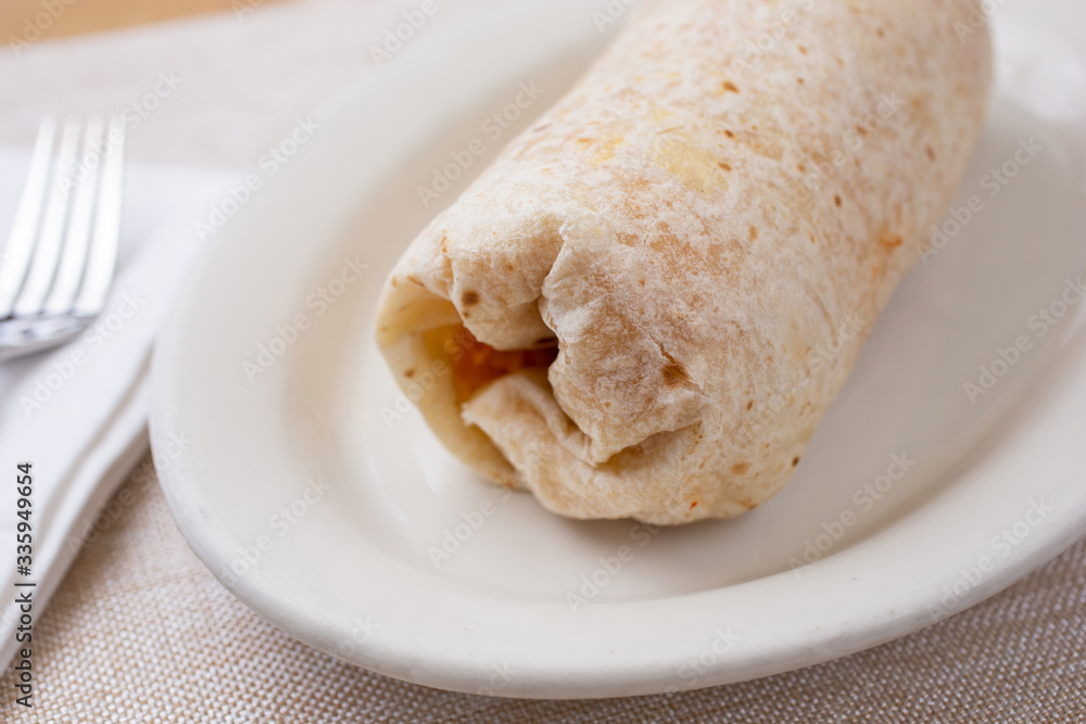 A view of a common burrito on a plate, in a restaurant or kitchen setting.