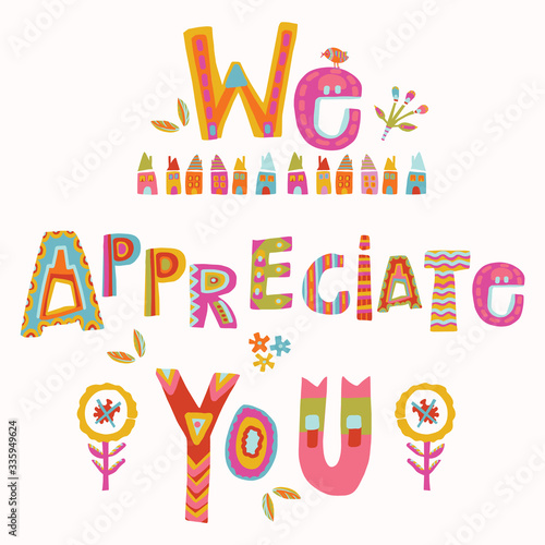 We appreciate you to care and key workers. Fight corona virus covid 19 motivational message. Cheerful thank you quote gratitude clipart with bright floral lettering. Stay home card for social media
