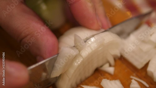Cutting Onions mixing with Potatoes in Bowl. Cooking Salad at Home. Preparing Homemade Food. Isolated Top view Close-up.