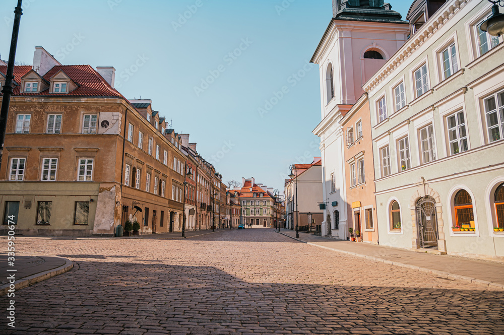 Street in the old town of Warsaw. Street without people with colorful buildings of the old town