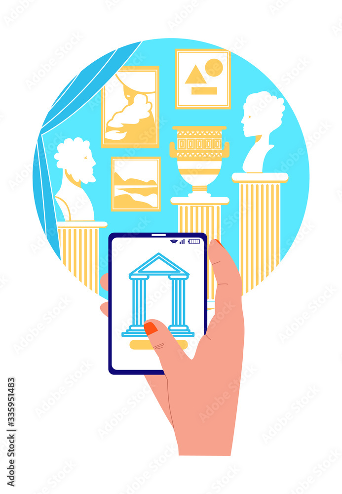 Vector flat abstract image of hand holding mobile phone, in which display shows interior of Museum with pictures and sculptures. Concept museums online apps for watching your home or anywhere. Vector flat abstract image of hand holding mobile phone, in which display shows interior of Museum with pictures and sculptures. Concept museums online apps for watching your home or anywhere.