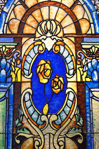 Close-up of stained glass in the church window