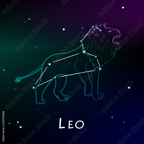 Leo (Lion) Zodiac Sign and constellation in front of dark starry space. Astrological vector illustration.