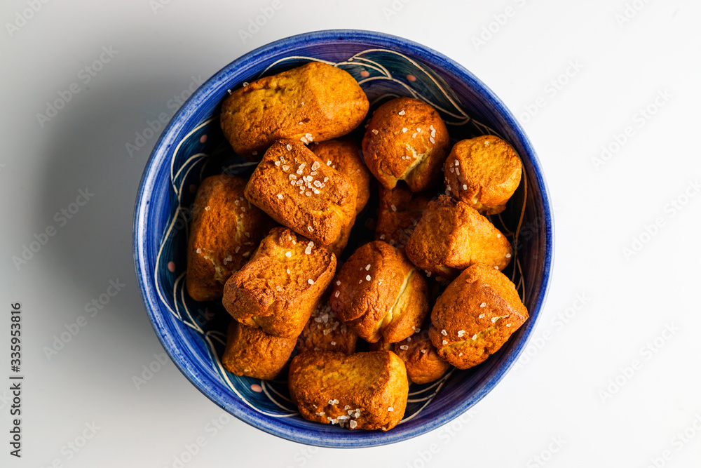 Pretzel nuggets in a blue bowl