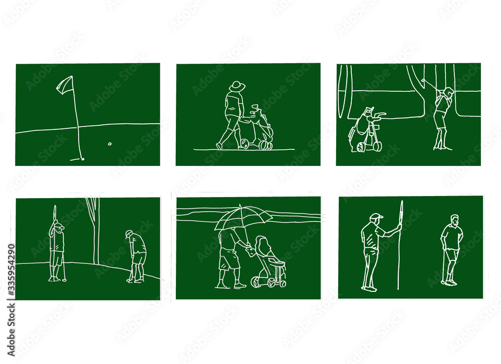 Dark green golfing themed drawings. A flagstick over the hole on the green. Woman pushing golf buggy. A woman hitting a golf ball (downswing). Man with buggy and umbrella. A man putting on the green. 
