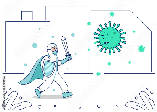 Vector illustration covid corona virus fight, doctor hazmat suit with warrior sword and shield fight coronavirus illustration concept