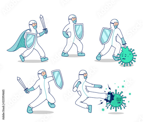 vector character set fight covid corona virus illustration, doctor with hazmat suit sword and shield fight against virus bacteria mascot character pose set concept