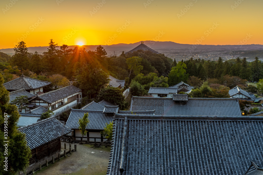 Sunset over the temples in Nara Park, Japan