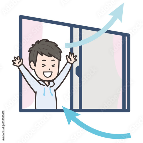 部屋の換気をする男性　イラスト
