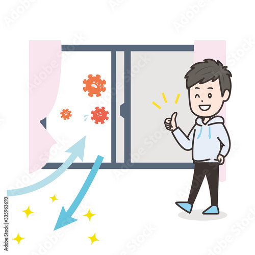 換気をしてウイルスを追い出す男性　イラスト