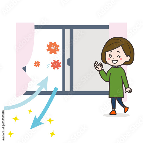 換気してウイルスを追い出す女性　イラスト