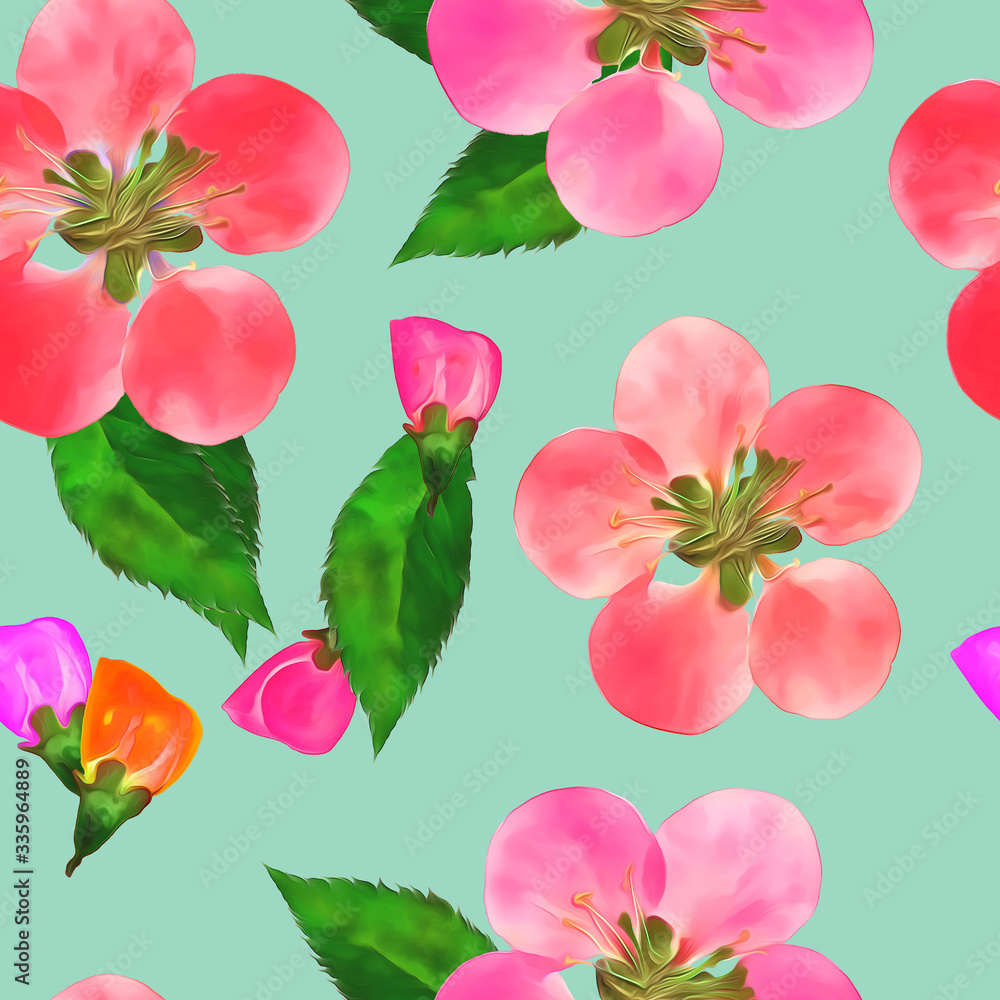 Quince, apple quince. Illustration, texture of flowers. Seamless pattern for continuous replication. Floral background, photo collage for textile, cotton fabric. For use in wallpaper, covers