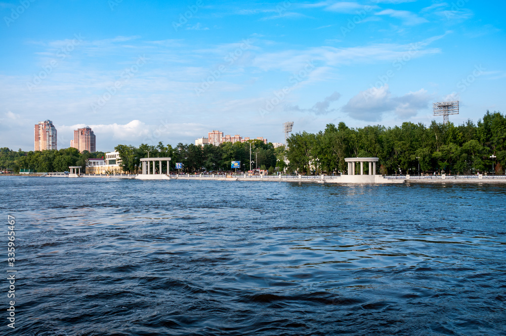 Russia, Khabarovsk, August 2019: Bank of the Amur river in Khabarovsk in summer