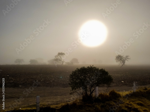 Sunrise at the fogy landscape