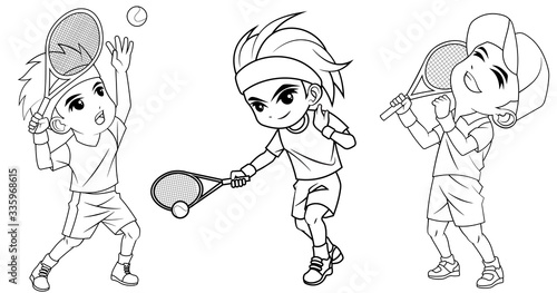 Collection of cartoon boy playing tennis ball used for coloring book