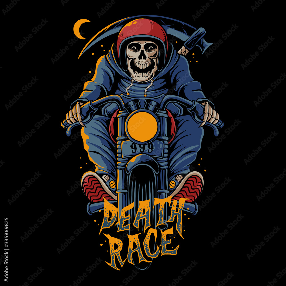 Vetor de Skull riding vintage motorcycle vector illustration. Death ...