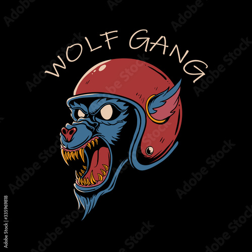 Angry wolf head wearing vintage helmet. Wolf gang motorcycle design for t-shirt, poster, or sticker