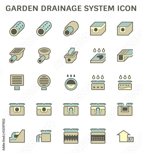 Garden drainage system or french drain vector icon consist of sewer pipe, infiltration basin, catch basin, gutter. To install at underground for rainwater, stormwater and wastewater to flow, runoff.