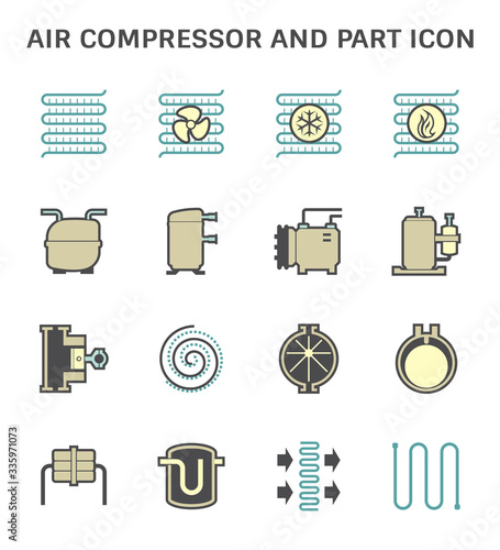 Air conditioner icon i.e. air compressor, condenser unit, ventilation, duct, cooling tower and chiller. That is a part of HVAC system to remove heat and moisture, temperature and humidity control.