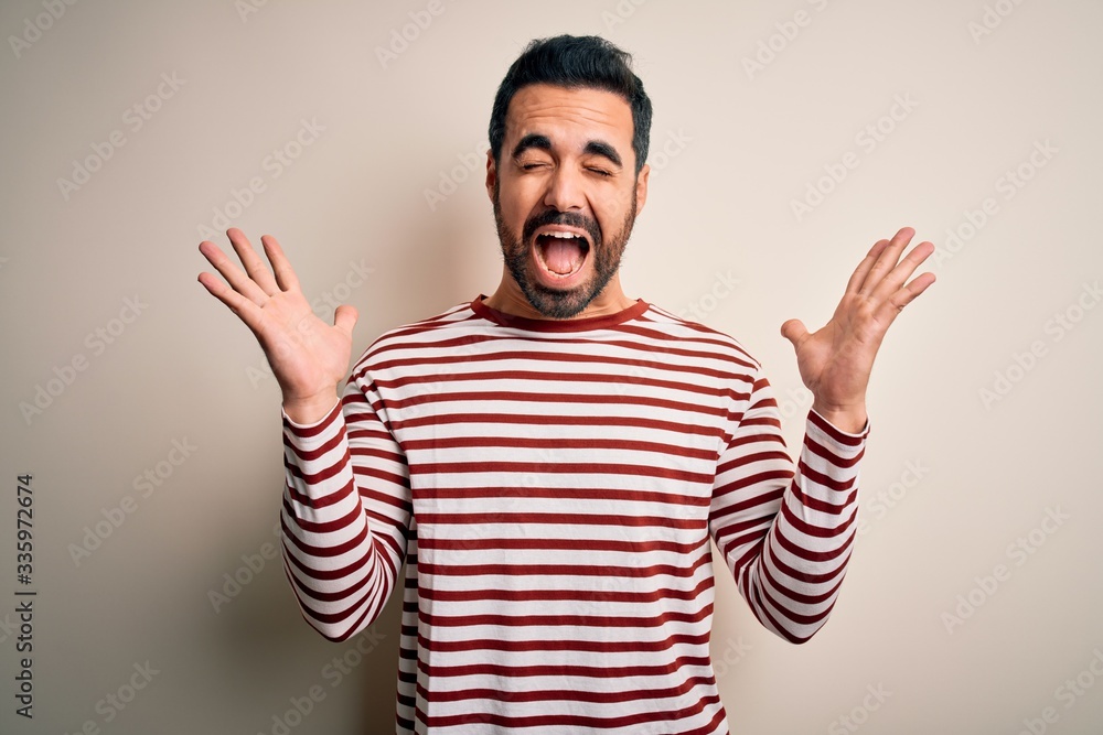 Young handsome man with beard wearing casual striped t-shirt standing over white background celebrating mad and crazy for success with arms raised and closed eyes screaming excited. Winner concept Young handsome man with beard wearing casual striped t-shirt standing over white background celebrating mad and crazy for success with arms raised and closed eyes screaming excited. Winner concept
