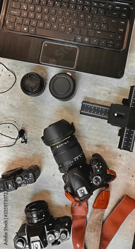 Macrophotography camera props in a textured background