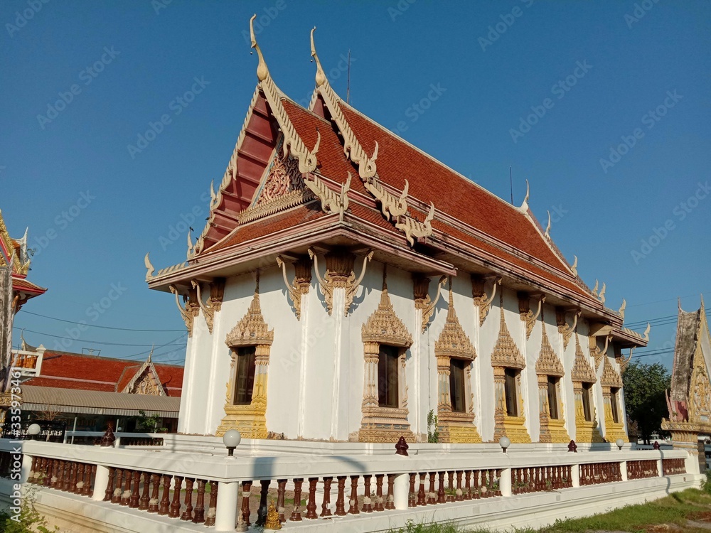 Church of Buddhist temple isolated on blue sky background closeup. Is a place religious ceremonies for Thailand people culture.