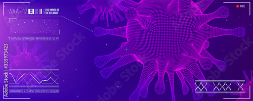 Close up view of virus cells research. HUD screen. UI of microscope. View of bacteria under microscope. Vector banner for websites header. Pandemia of dangerous corona virus Covid 19