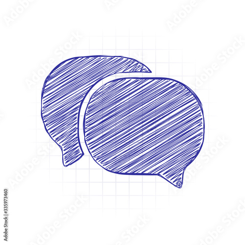 chat icon. Hand drawn sketched picture with scribble fill. Blue ink. Doodle on white background