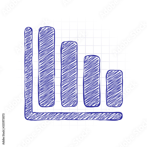 Declining graph line icon. Hand drawn sketched picture with scribble fill. Blue ink. Doodle on white background