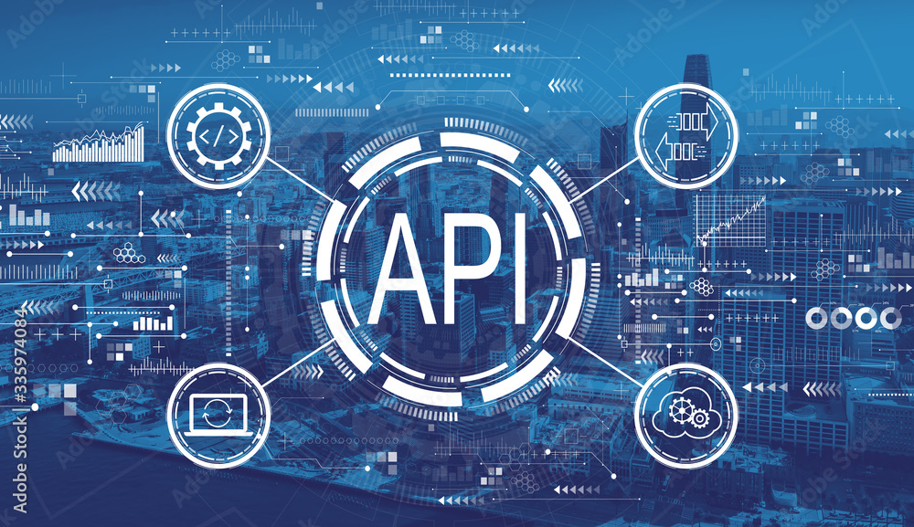 API - application programming interface concept with downtown San Francisco skyline buildings
