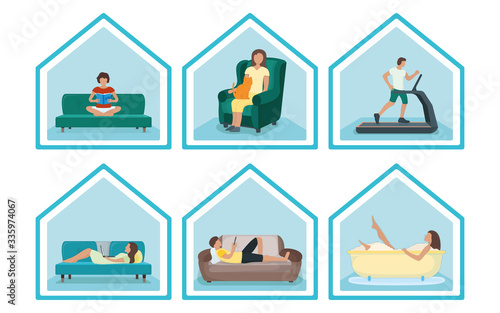 Set people character stay home, relax house, concept house roof isolated on white, flat vector illustration. Person male, female resting.