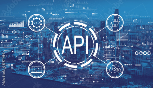 API - application programming interface concept with downtown San Francisco skyline buildings