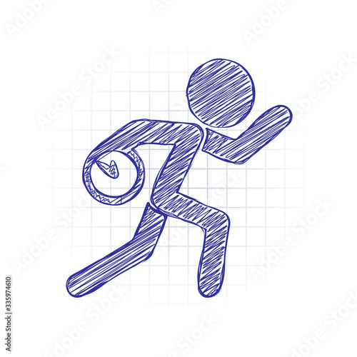 Running man with clock. Simple icon. To be late. An unpleasant situation. Hand drawn sketched picture with scribble fill. Blue ink. Doodle on white background